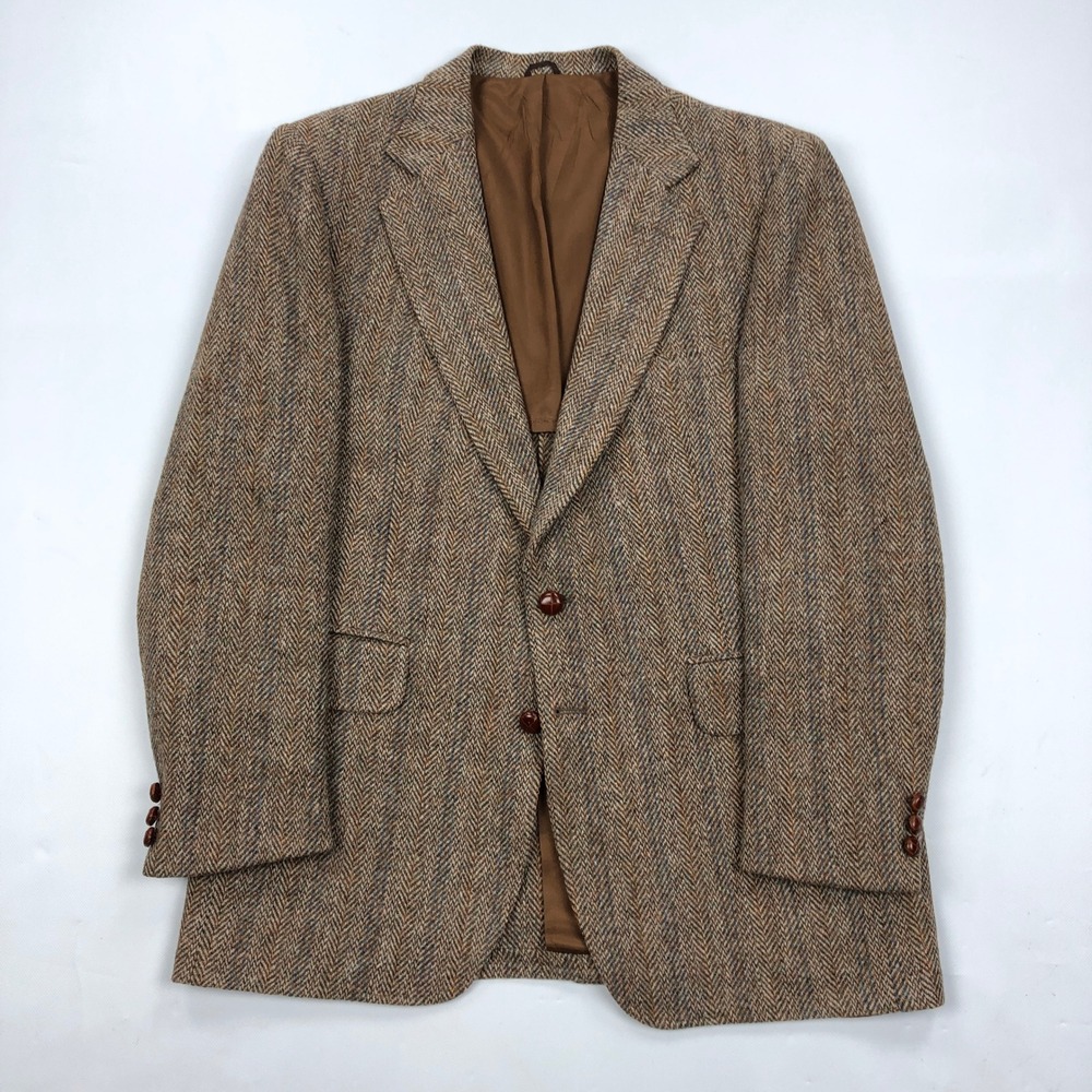 Vtg Harris Tweed Richman Brothers Taupe Herringbone Wool Blazer Sport Coat 42R